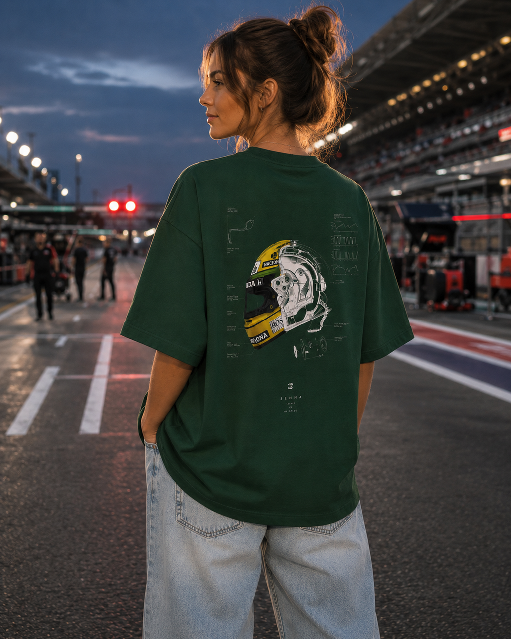 Person wearing a green t-shirt with a graphic design on a race track at night.